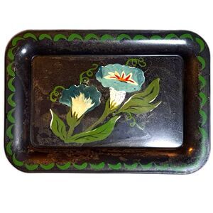 Vintage hand painted trinket tray black with blue flower signed by artist Risser